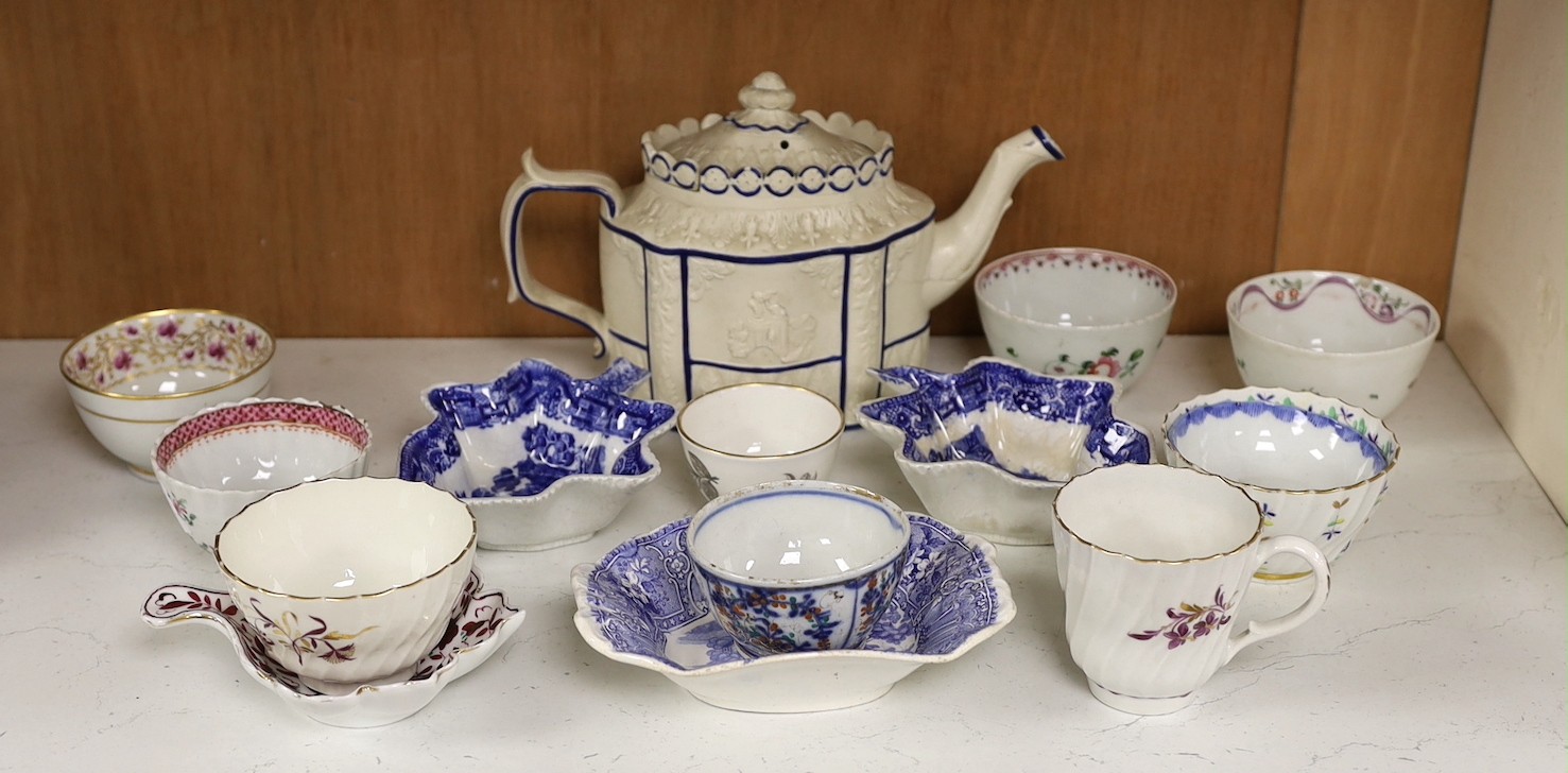 A selection of 18th century and later English porcelain tea bowls, a pair of Spode pickle dishes, and a teapot, 15cm tall